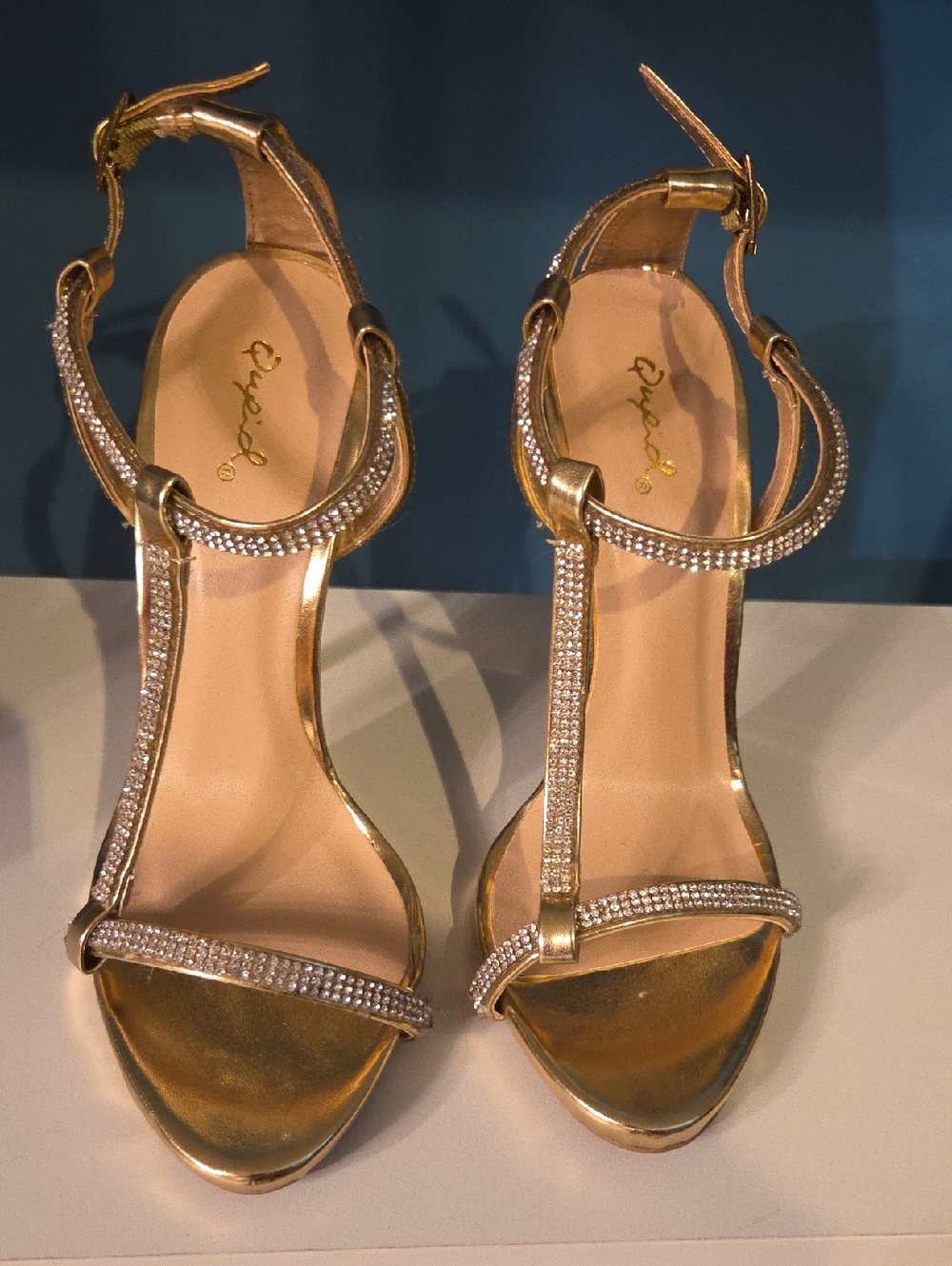 Qupid Metallic Gold T-Strap Rhinestone Dress Heels